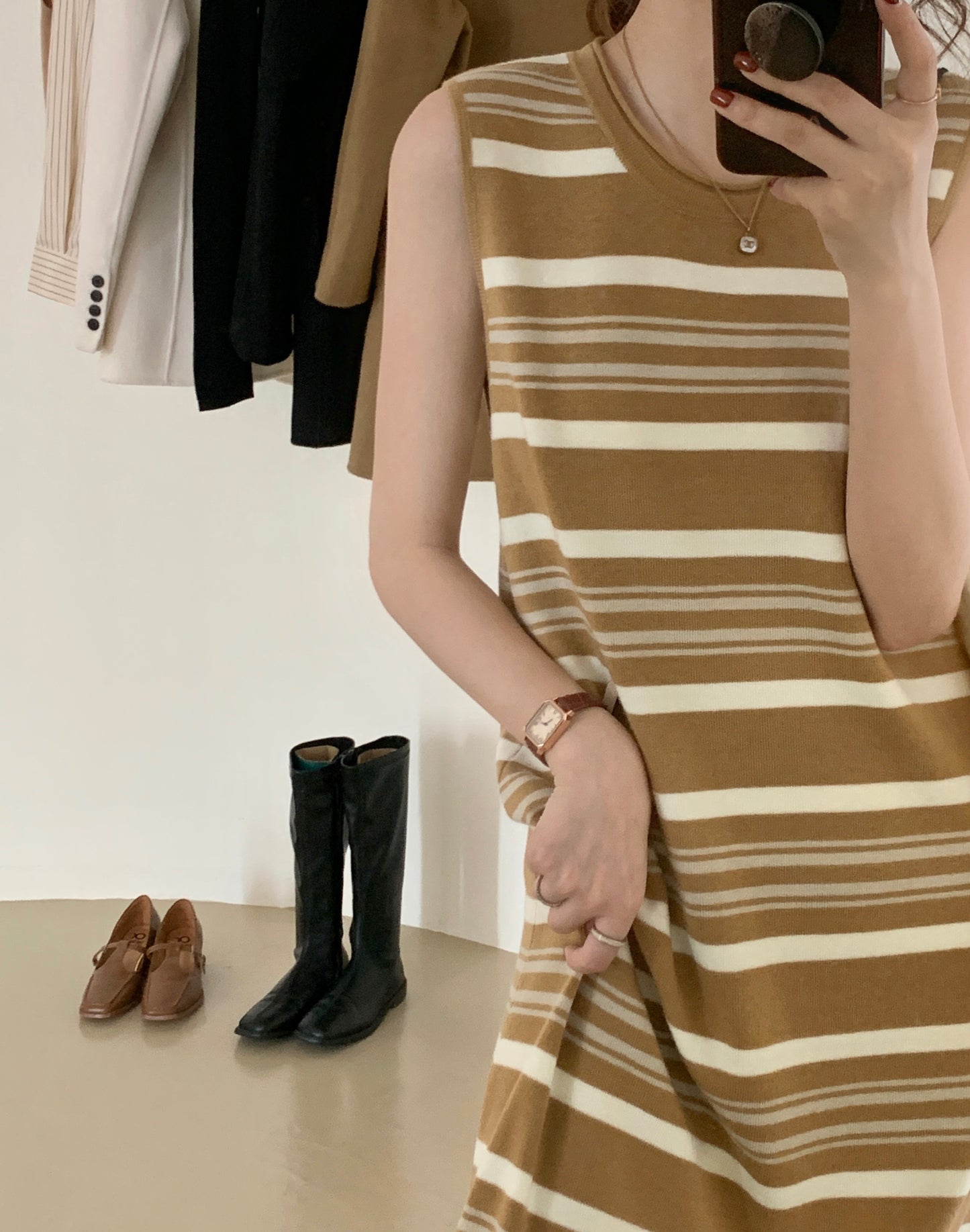 Striped Knit Dress Knee Length