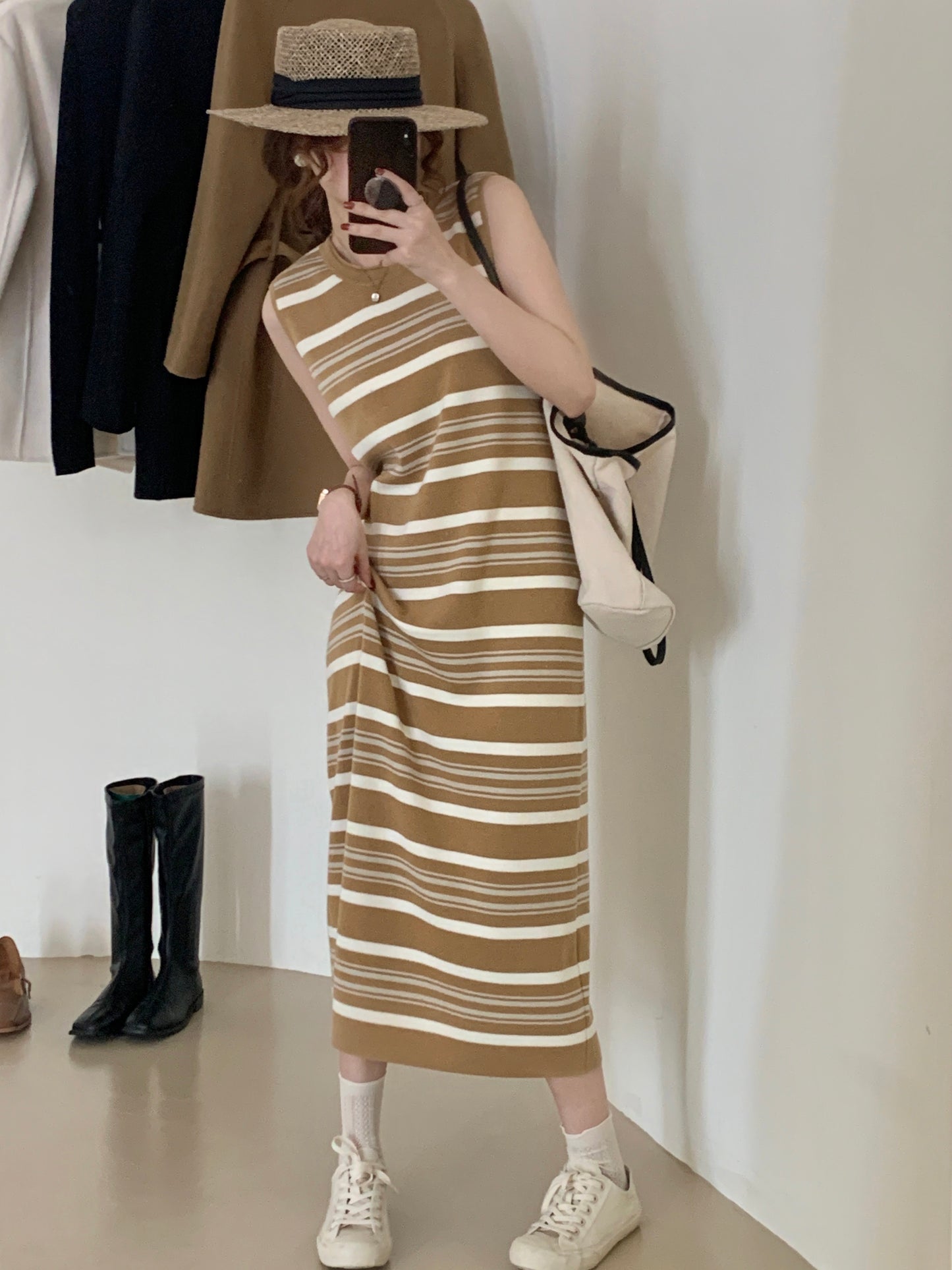 Striped Knit Dress Knee Length